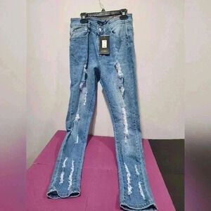 Fashin Nova Jean Pants Size 11 NEW WITH TAGS distressed Medium Blue Wash